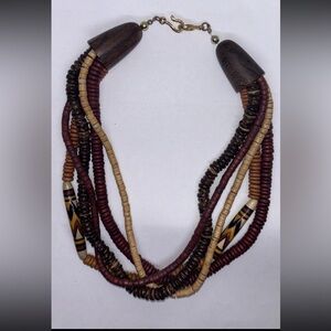 Vintage Wood Wooden 5 Strain Multi Layer Choker Necklace Natural Tones 19” Long